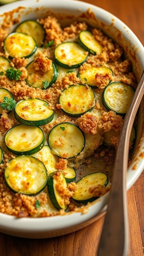 A baked vegetarian zucchini casserole with melted cheese and breadcrumbs, garnished with herbs.